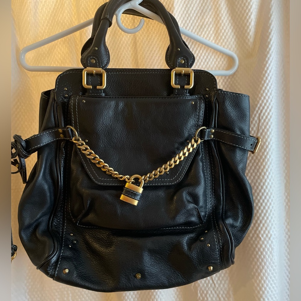 Authentic Chloe' Paddington Black Handbag with Gold Leather Logo Chain lock